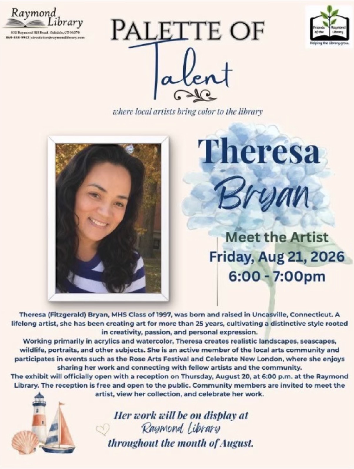 Meet the Artist with Theresa Bryan at Raymond Library on Friday, August 21, 2026, from 6:00 PM to 7:00 PM